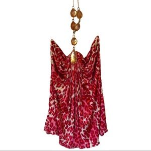 Sky Red Animal Print Chain Jewel Halter Top Ruching 100% Silk Stunning Large